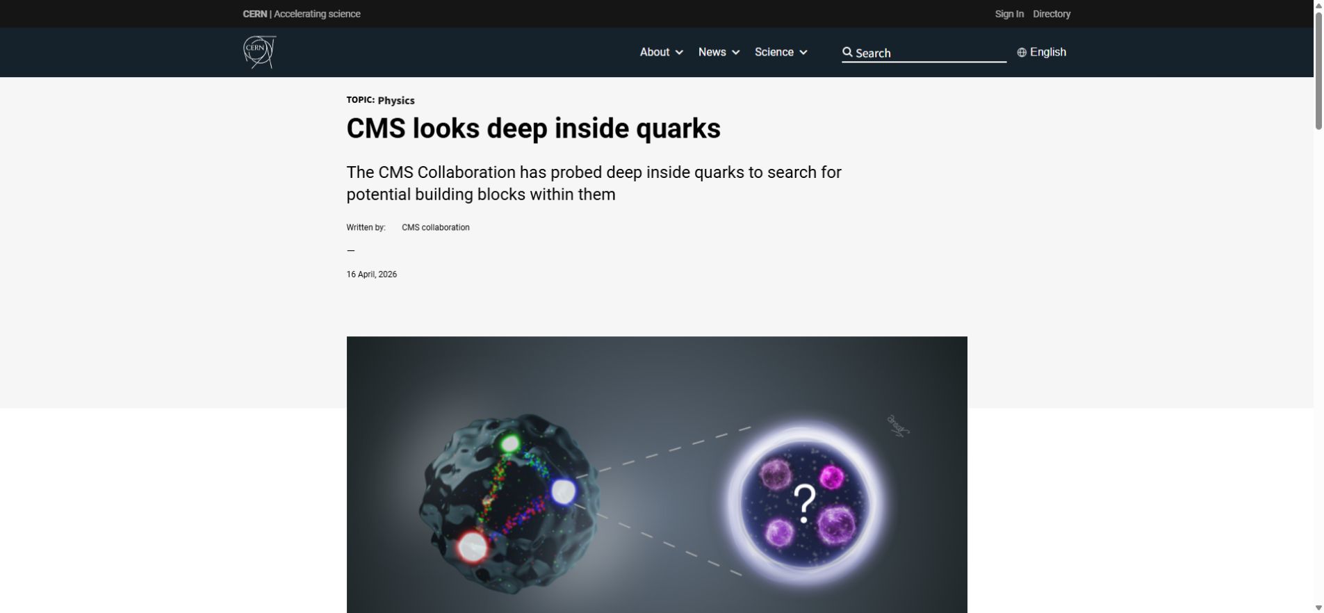 CERN CMS深入探测夸克潜在内部结构的新闻页面截图